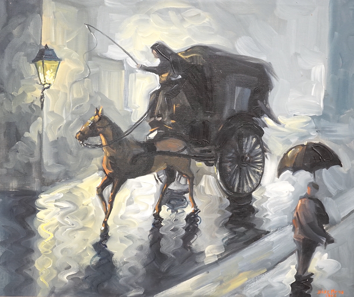 Diez Mene, oil on canvas, Coach on a rainy street, signed and dated 1968, 45 x 54cm